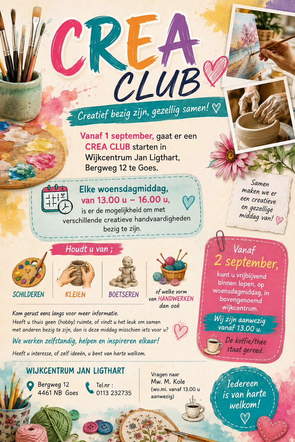 Crea Club vanaf 1 September elke woensdagmiddag van 13:00 tot 16:00 uur.